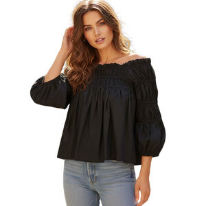 Free People Cece Poplin Crop Top Womens S Black Smocked Off The Shoulder Ruffle
